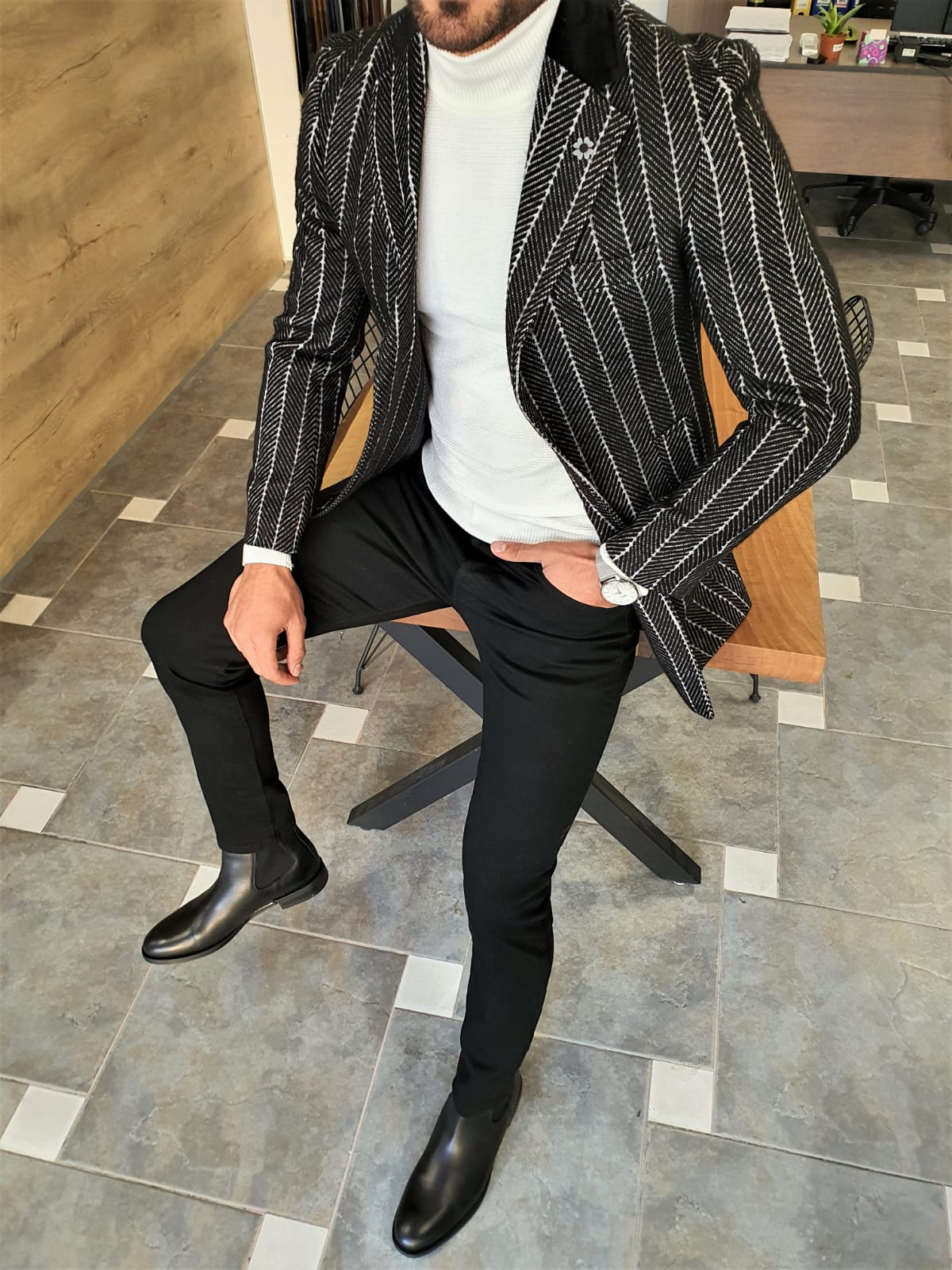 BLACK SLIM-FIT SPECIAL PRODUCTION* STRIPED DOUBLE BREASTED WOOL COAT