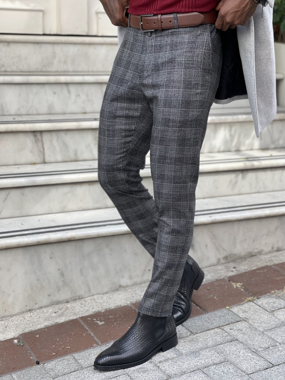 Brown Slim Fit Plaid Pants for Men by GentWith  Worldwide Shipping