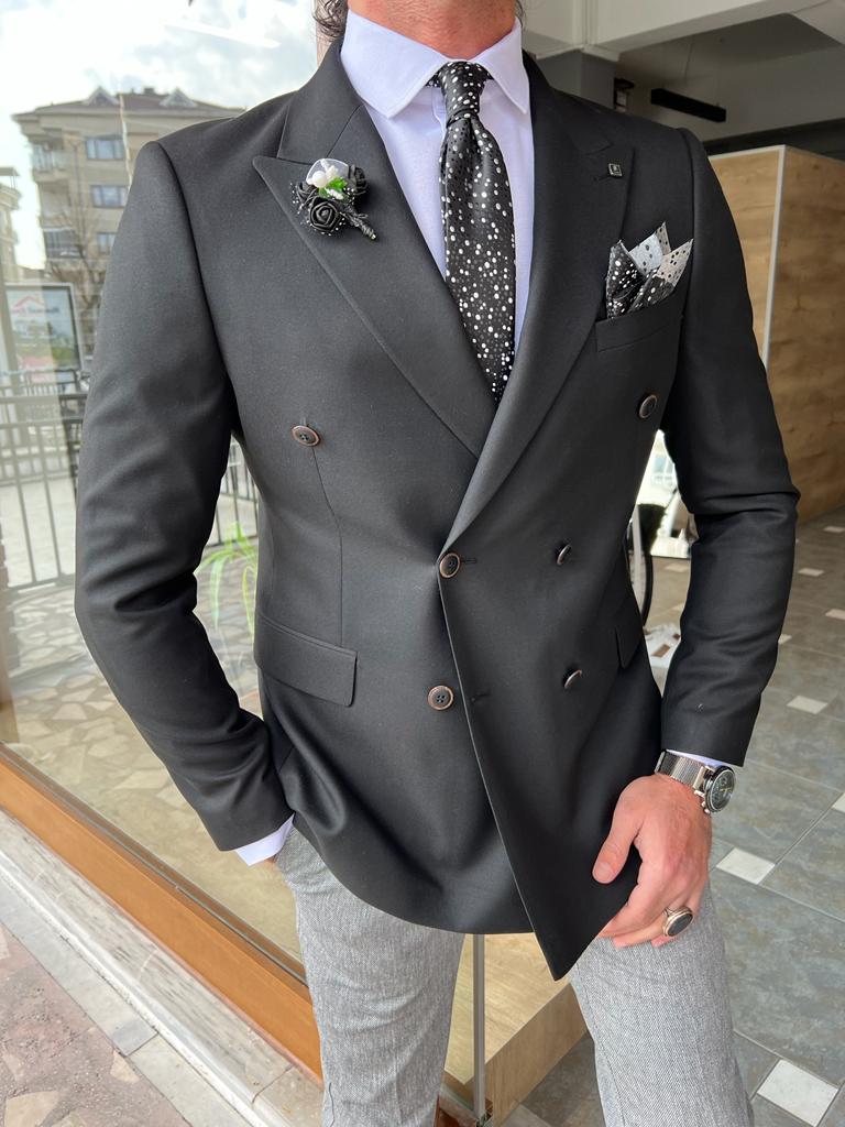 BLACK SLIM-FIT DOUBLE-BREASTED BLAZER