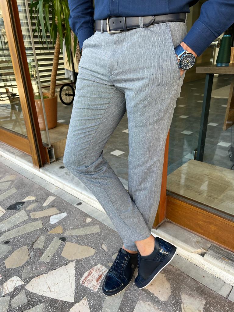 Bastoni Gray Slim Fit Linen Pants | BOJONI