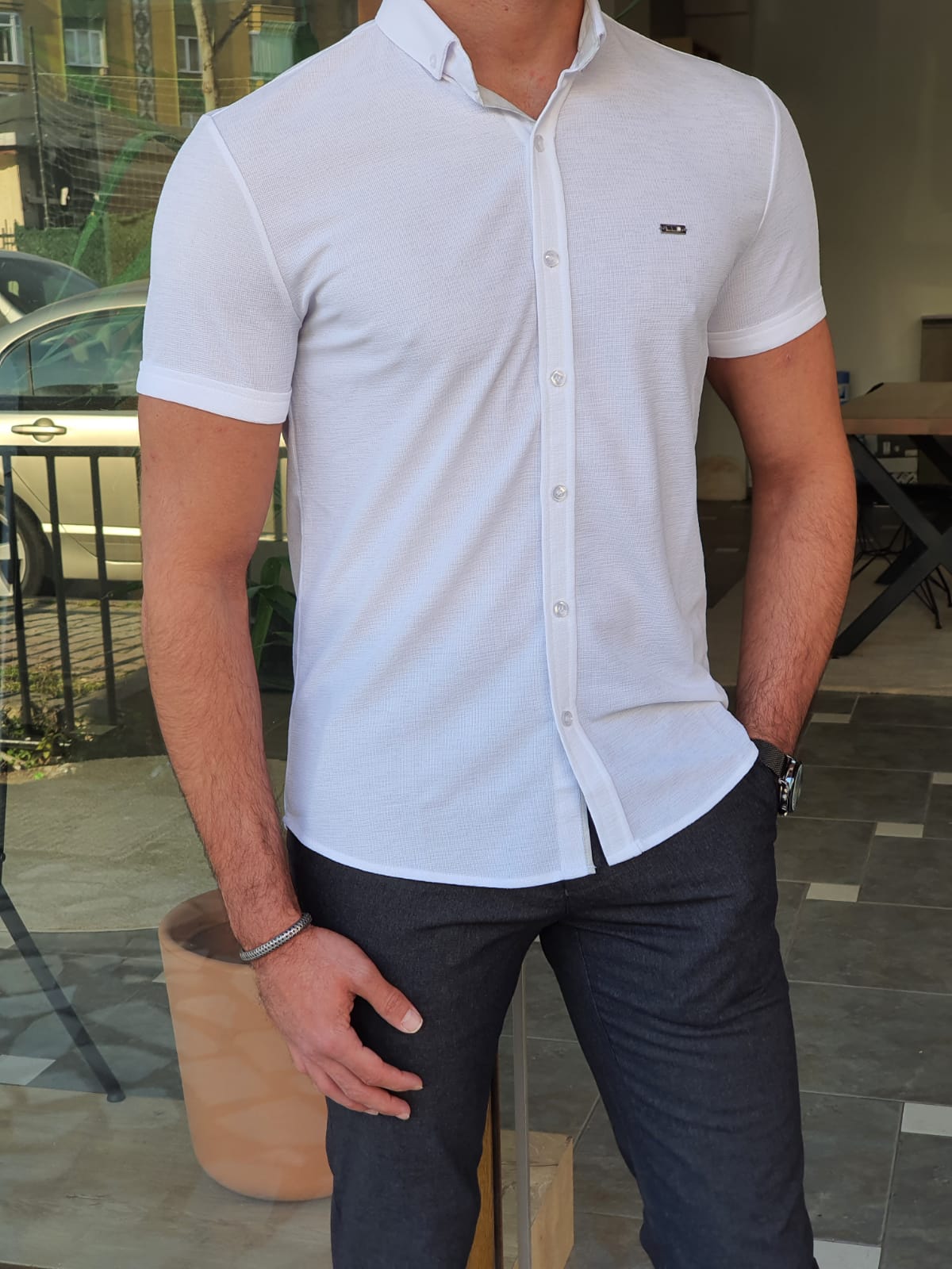WHITE SLIM-FIT WITH BUTTON COLLAR SELF-PATTERNED SHORT SLEEVE SHIRT