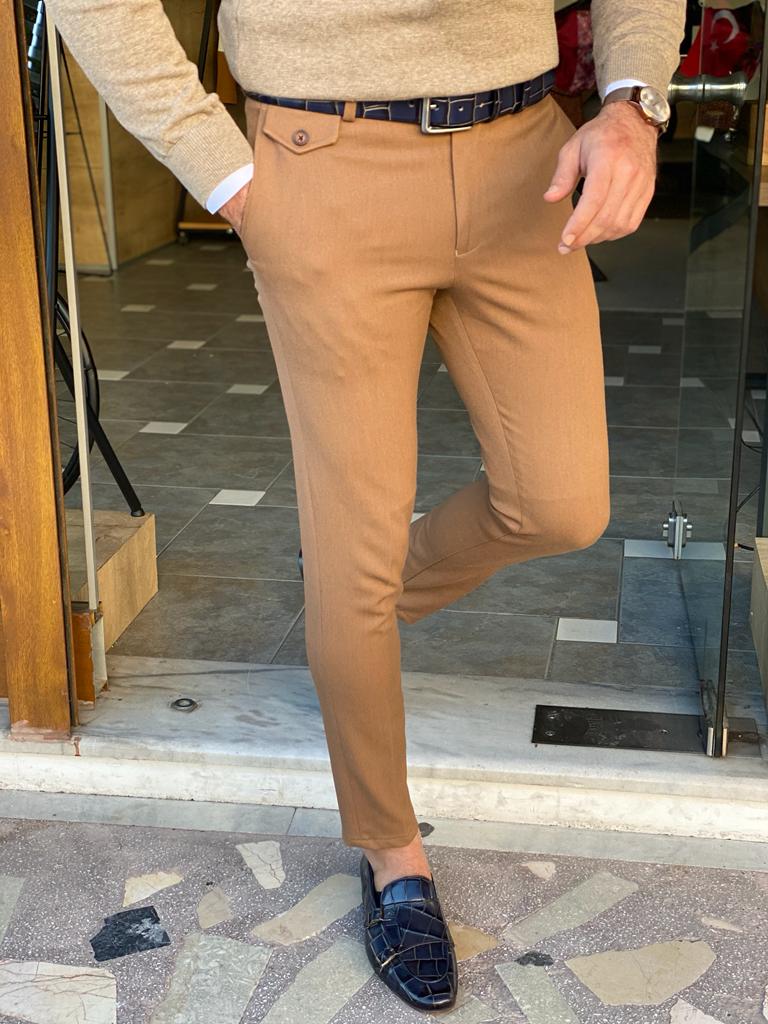 Slim Fit Striped Fabric Camel Pants – OUTFITLIFT