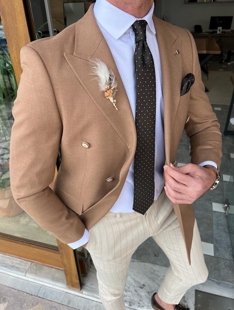 CAMEL SLIM-FIT DOUBLE-BREASTED BLAZER
