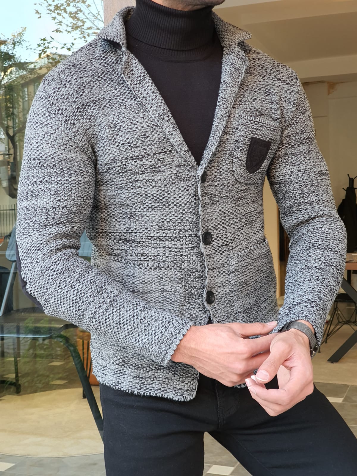 BLACK SLIM-FIT SPECIAL PRODUCTION* BUTTONED KNIT CARDIGAN