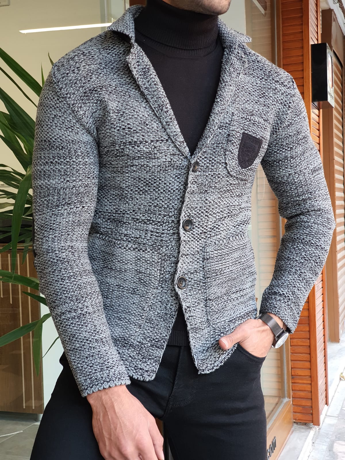 BLACK SLIM-FIT SPECIAL PRODUCTION* BUTTONED KNIT CARDIGAN