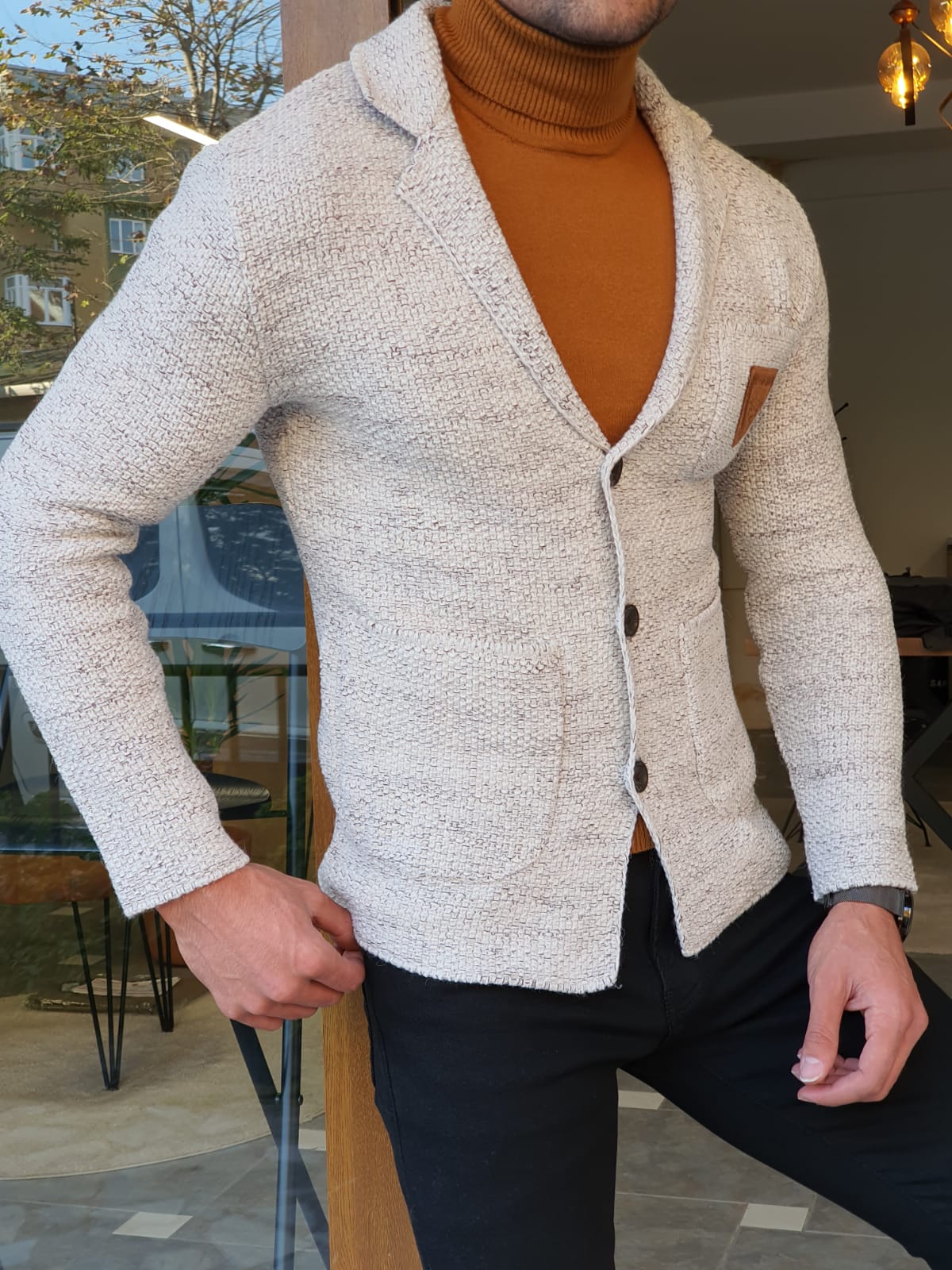 GRAY SLIM-FIT SPECIAL PRODUCTION* BUTTONED KNIT CARDIGAN