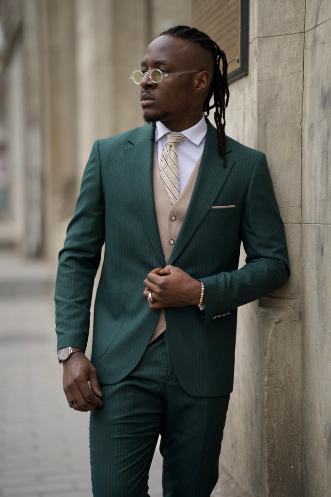 GREEN SLIM-FIT STRIPED ITALY SUIT