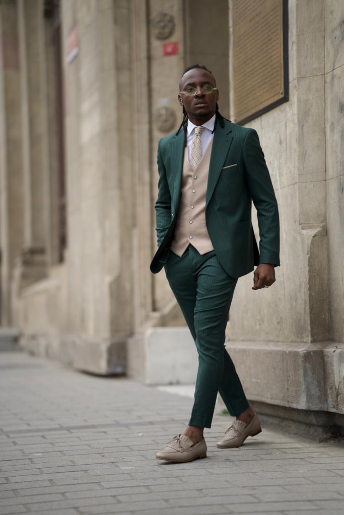 GREEN SLIM-FIT STRIPED ITALY SUIT
