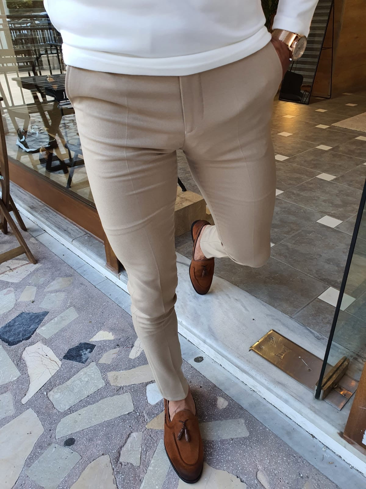 Ankle Fit Beige 4 Way Stretchable Formal Pants