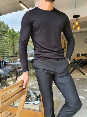 BLACK SLIM-FIT LONG SLEEVE COTTON COMBED KNIT