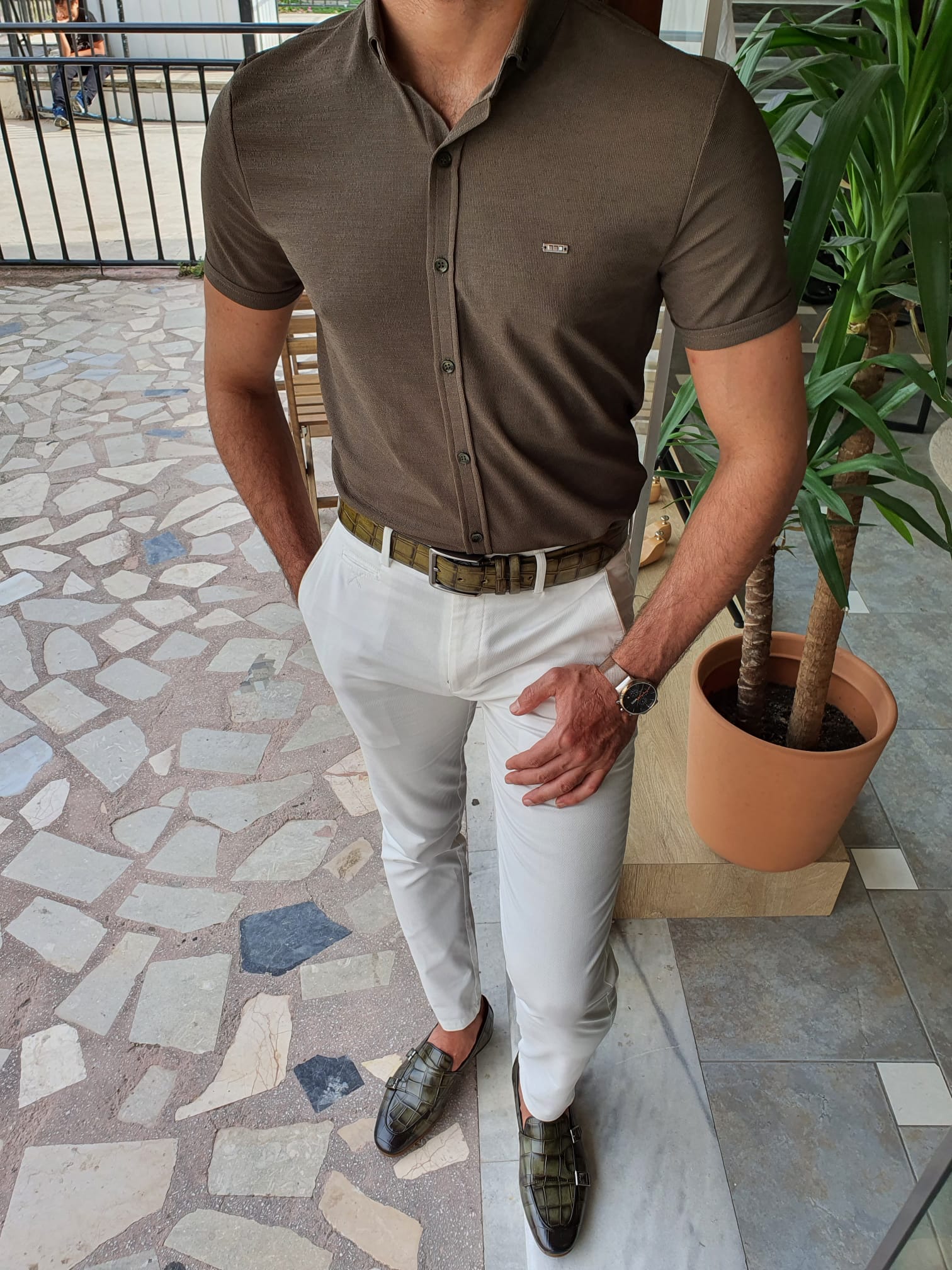 KHAKI SLIM-FIT WITH BUTTON COLLAR SELF-PATTERNED SHORT SLEEVE SHIRT