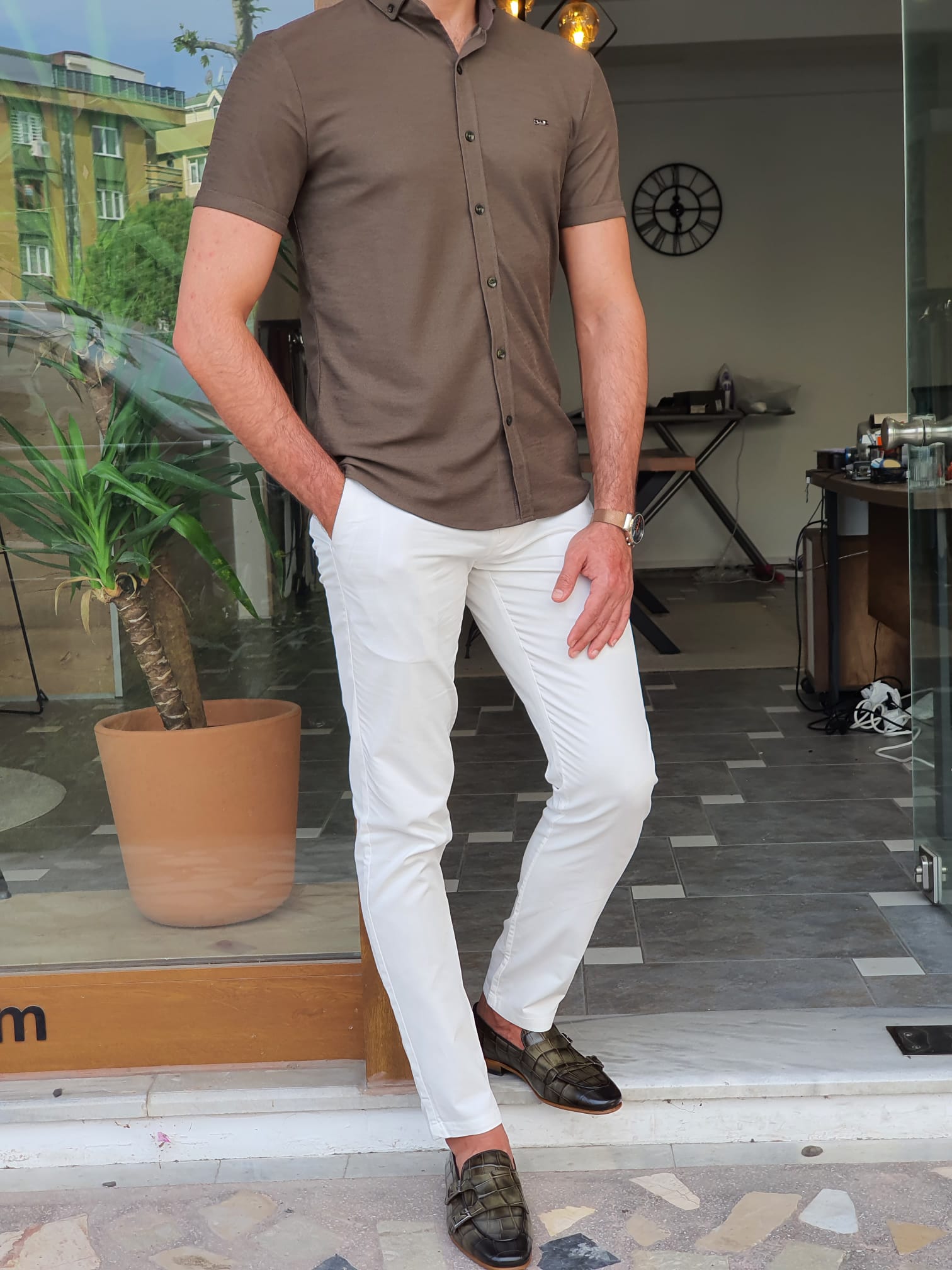 KHAKI SLIM-FIT WITH BUTTON COLLAR SELF-PATTERNED SHORT SLEEVE SHIRT