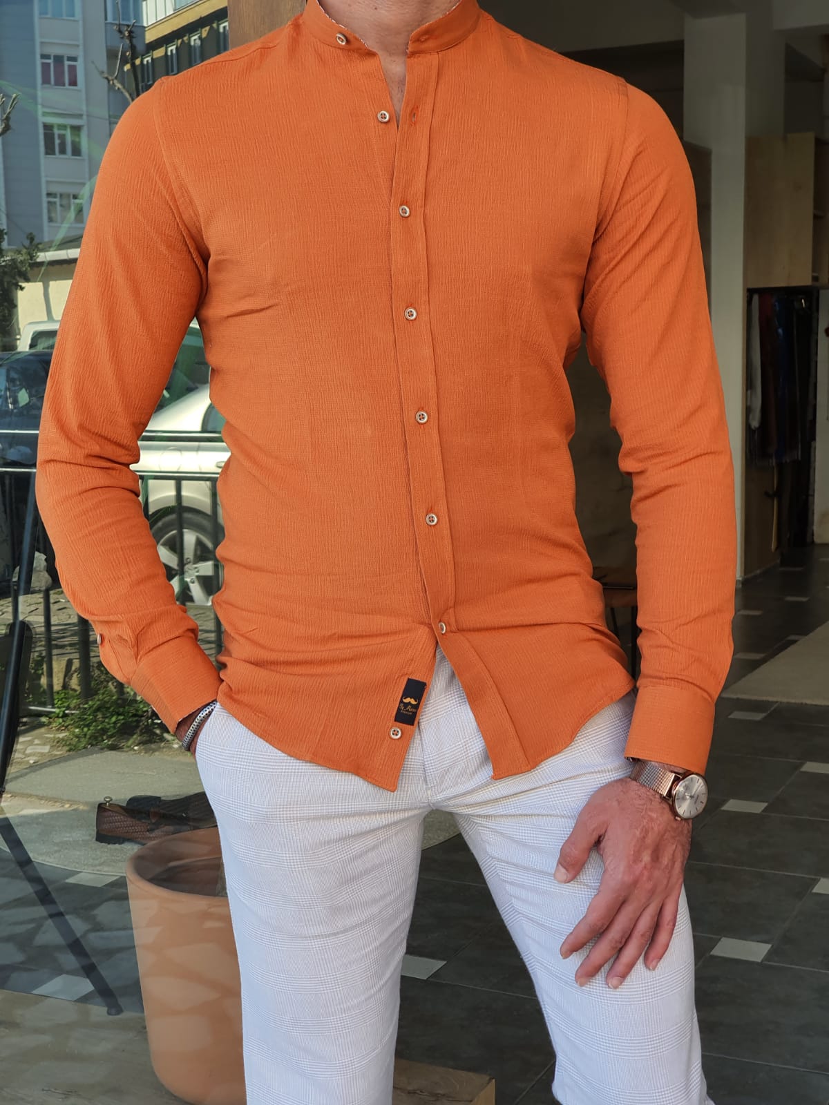 ORANGE SLIM-FIT PATTERNED WITH STAND-UP COLLAR SHIRT
