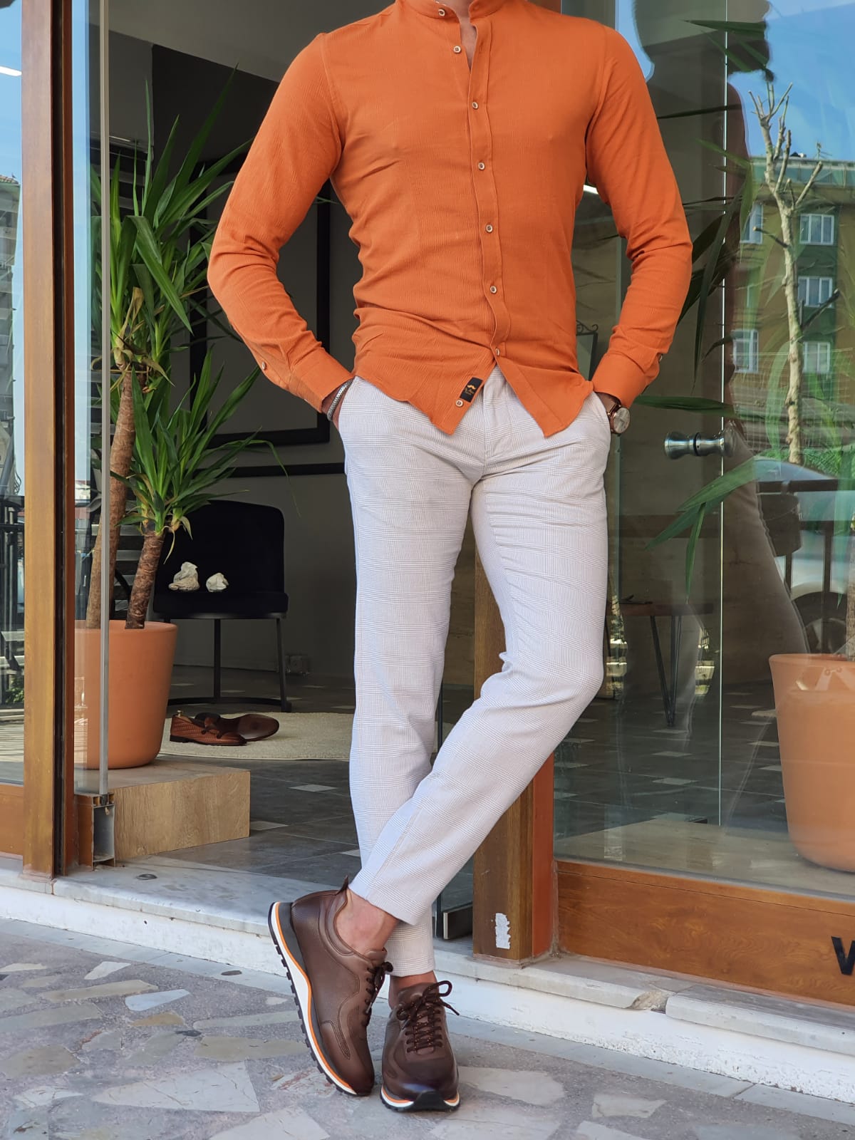 ORANGE SLIM-FIT PATTERNED WITH STAND-UP COLLAR SHIRT