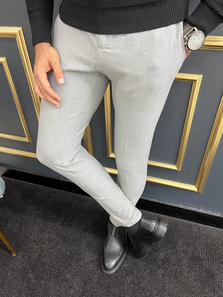 LIGHT GREY SLIM-FIT ROPE DETAILED TROUSERS