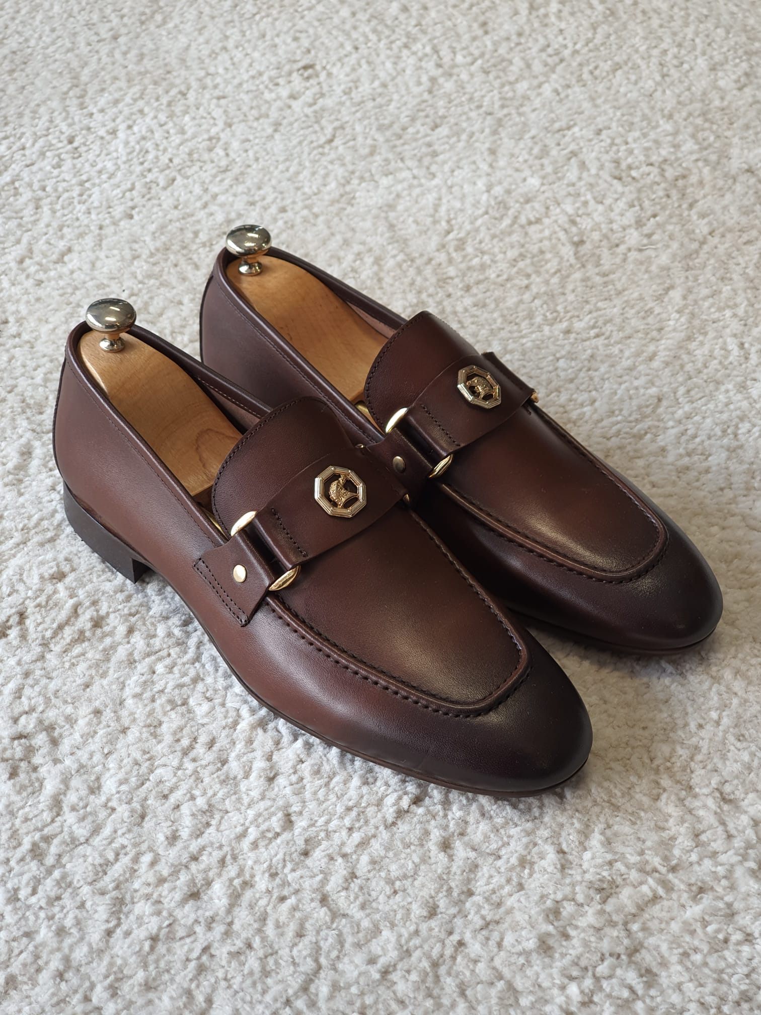 BROWN BOSS SARDINELLI BUCKLE DETAILED CALF LEATHER LOAFERS