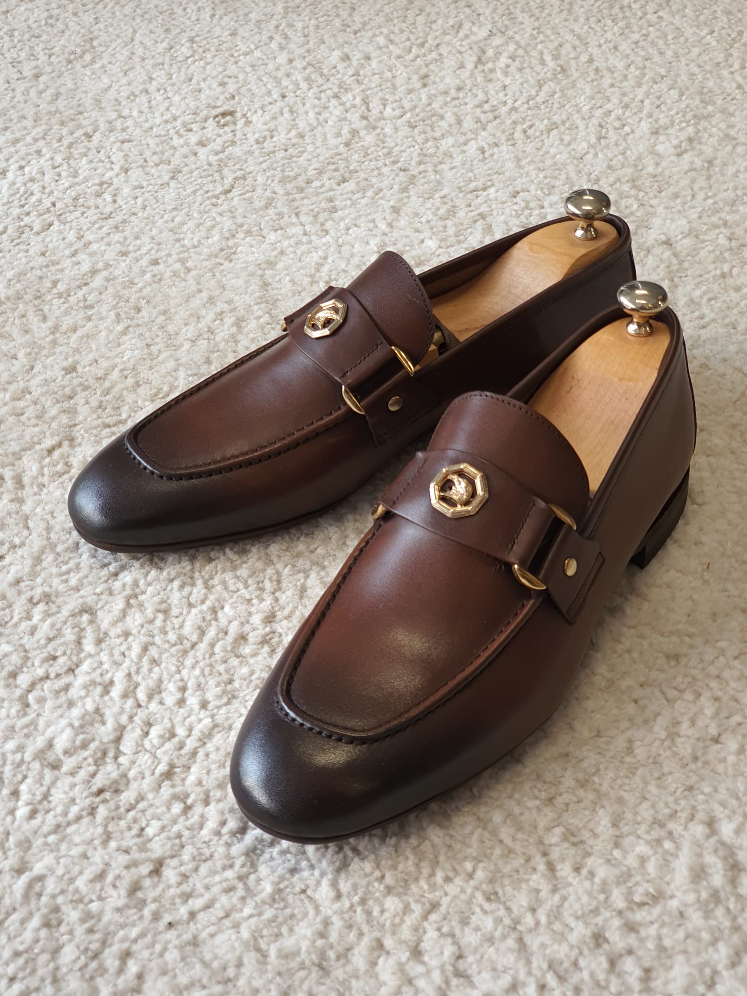 BROWN BOSS SARDINELLI BUCKLE DETAILED CALF LEATHER LOAFERS