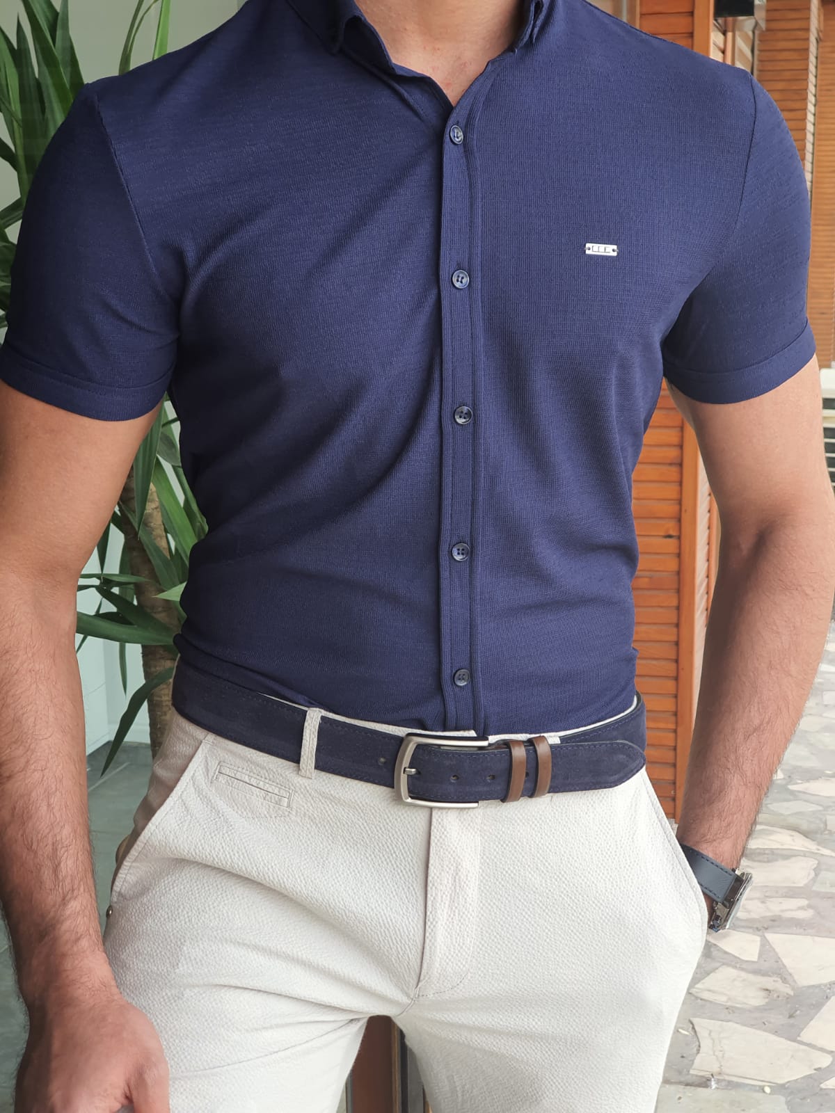 NAVYBLUE SLIM-FIT WITH BUTTON COLLAR SELF-PATTERNED SHORT SLEEVE SHIRT