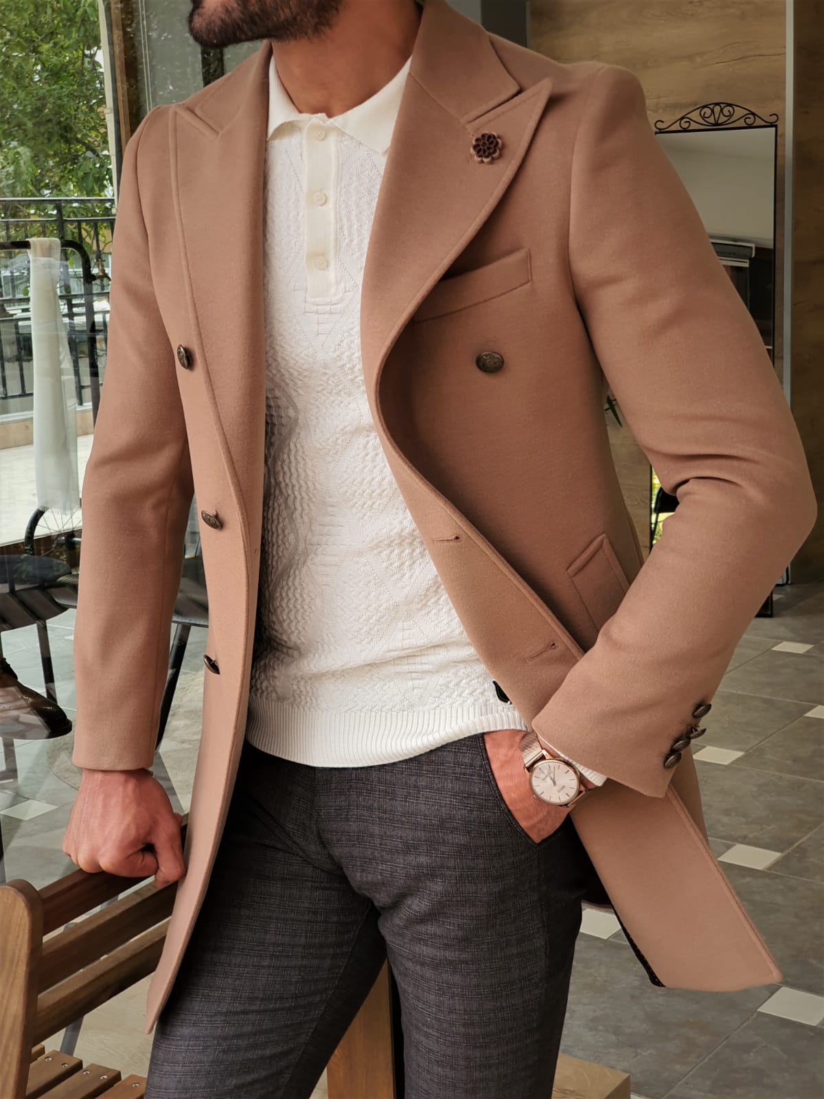 BEIGE SLIM-FIT SPECIAL EDITION* DOUBLE BREASTED WOOL COAT