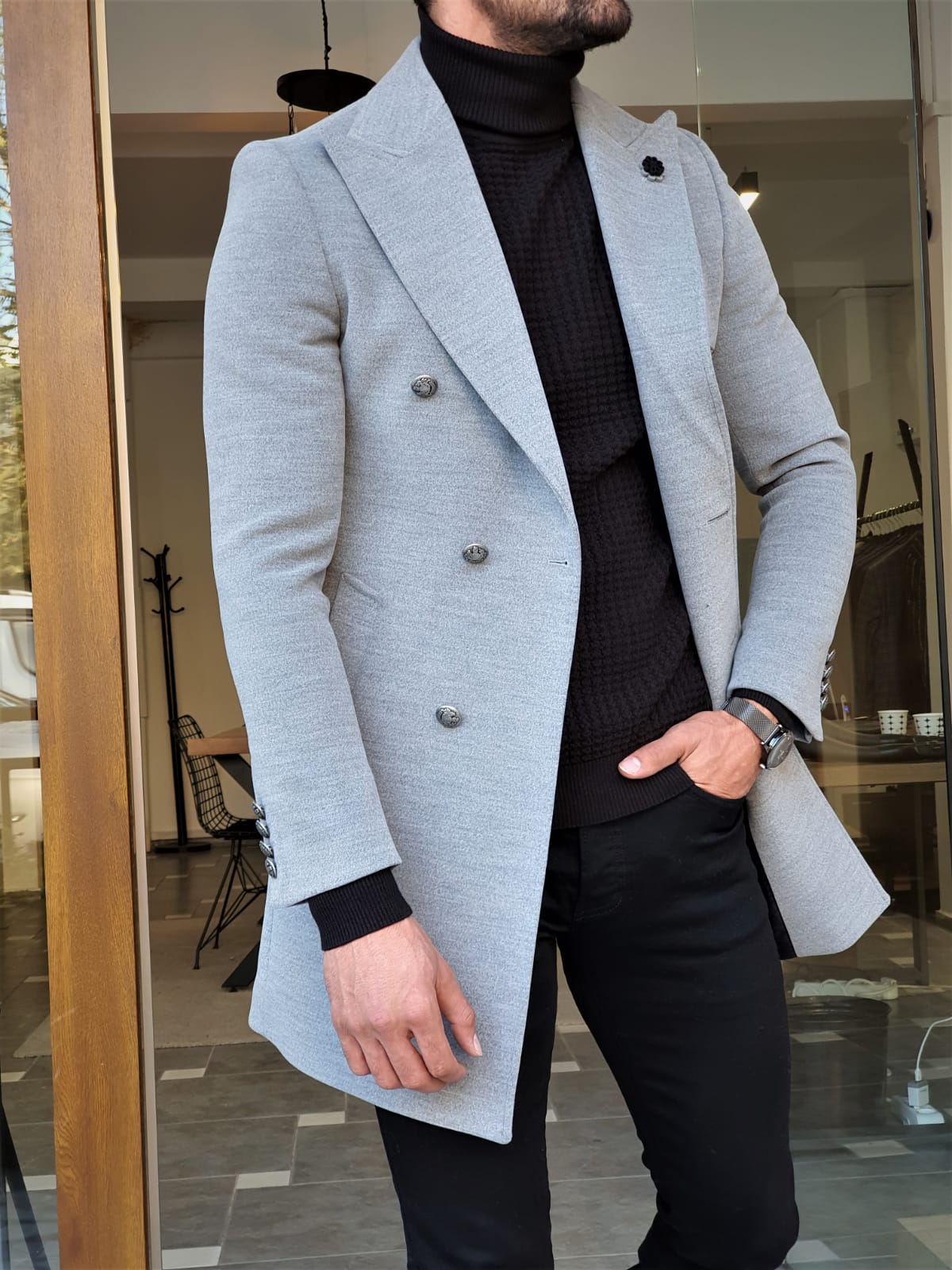GREY SLIM-FIT SPECIAL PRODUCTION* DOUBLE BREASTED WOOL COAT