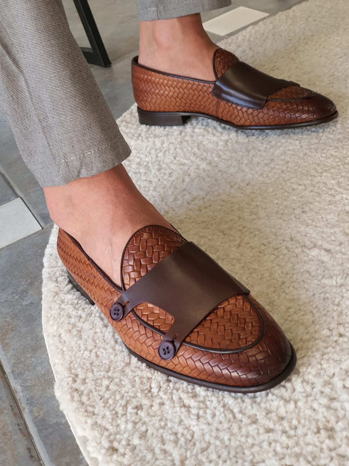 SARDINELLI TAN WITH DOUBLE BUTTON KNIT LEATHER LOAFERS