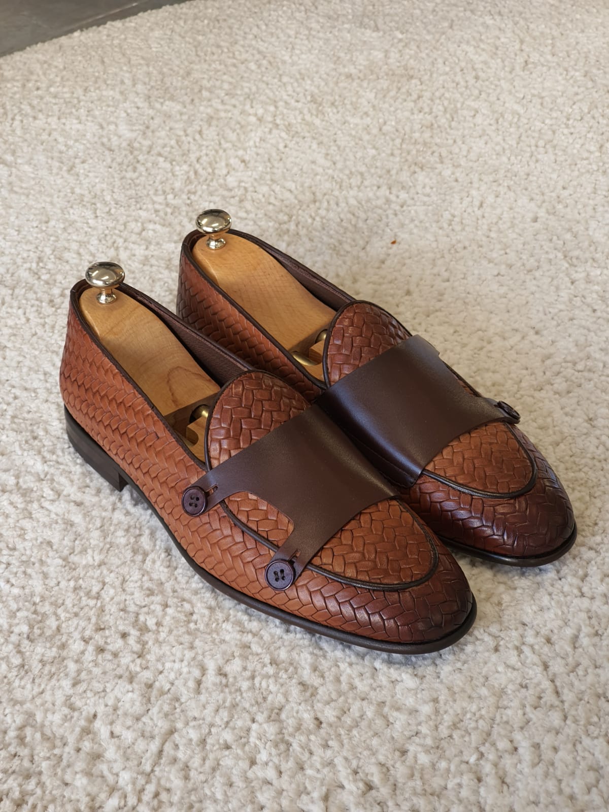SARDINELLI TAN WITH DOUBLE BUTTON KNIT LEATHER LOAFERS