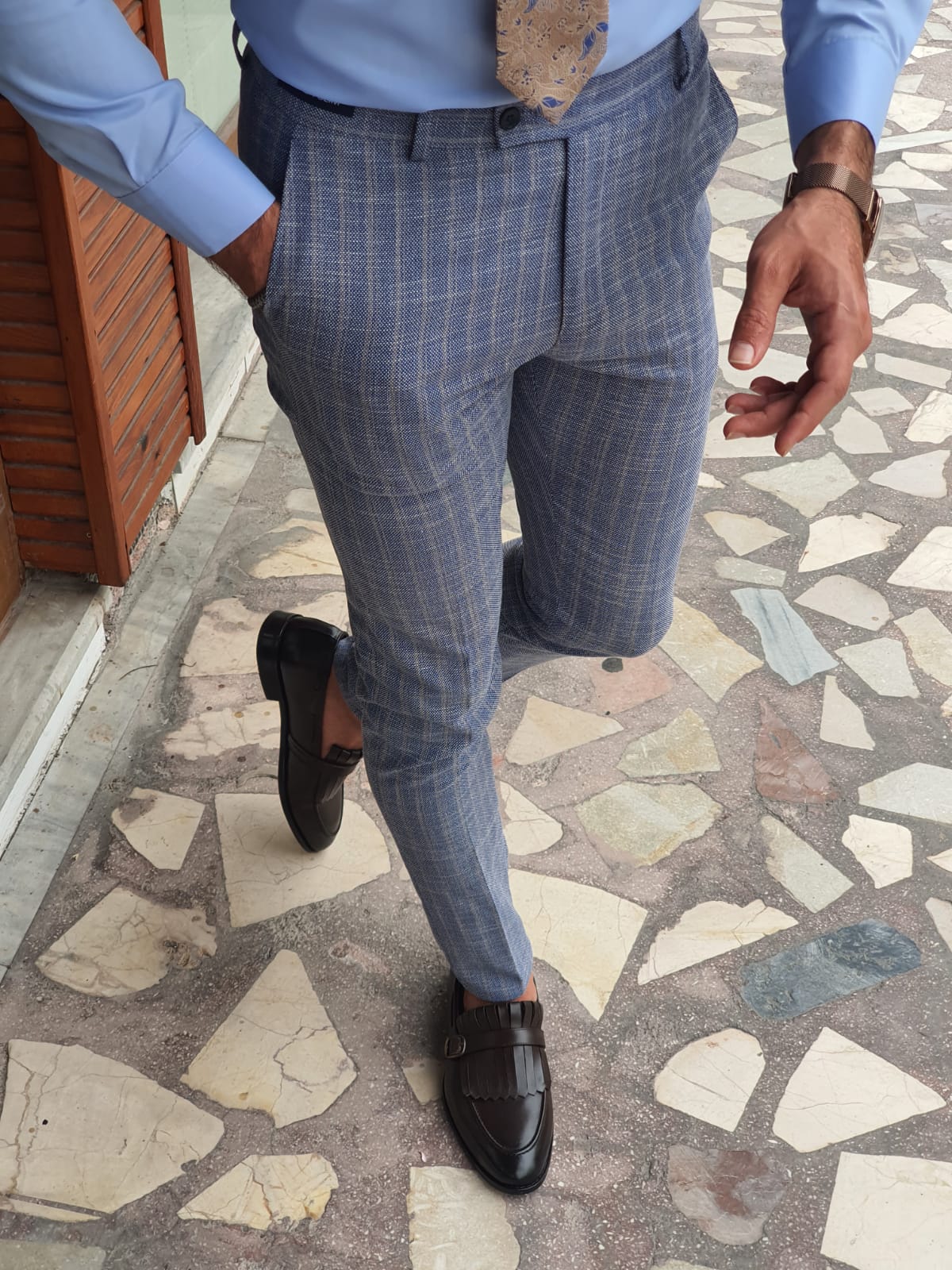NAVYBLUE & BEIGE SLIM-FIT SPECIAL EDITION* PLAID FABRIC PANTS