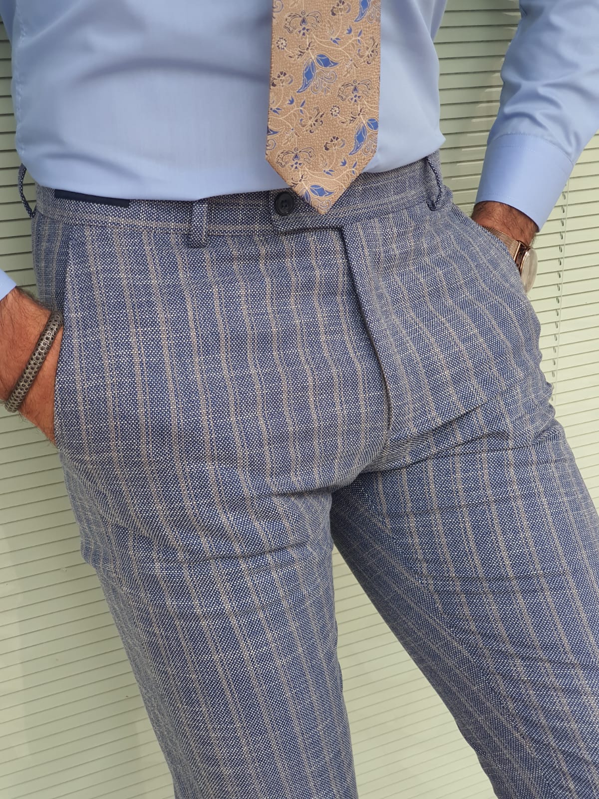 NAVYBLUE & BEIGE SLIM-FIT SPECIAL EDITION* PLAID FABRIC PANTS