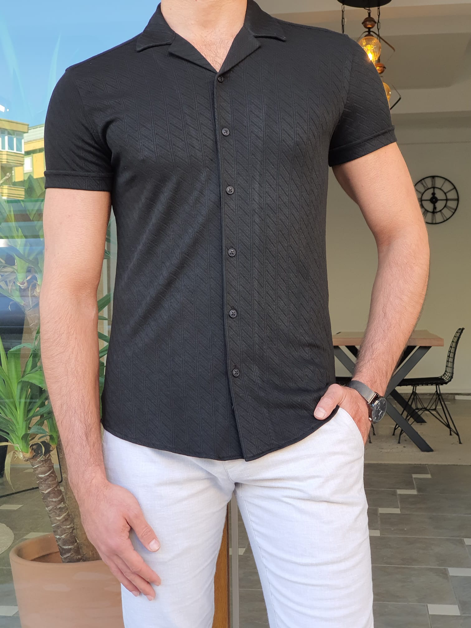 BLACK SLIM-FIT WITH SELF-PATTERNED WITH APAJ COLLAR SHORT SLEEVE SHIRT