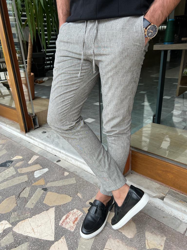 BLACK SLIM-FIT STRIPED COTTON & LINEN PANTS – WearManStyle