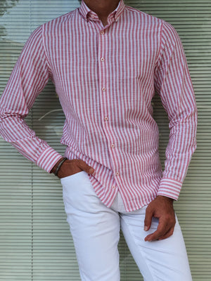 RED SLIM-FIT STRIPED LINEN SHIRT