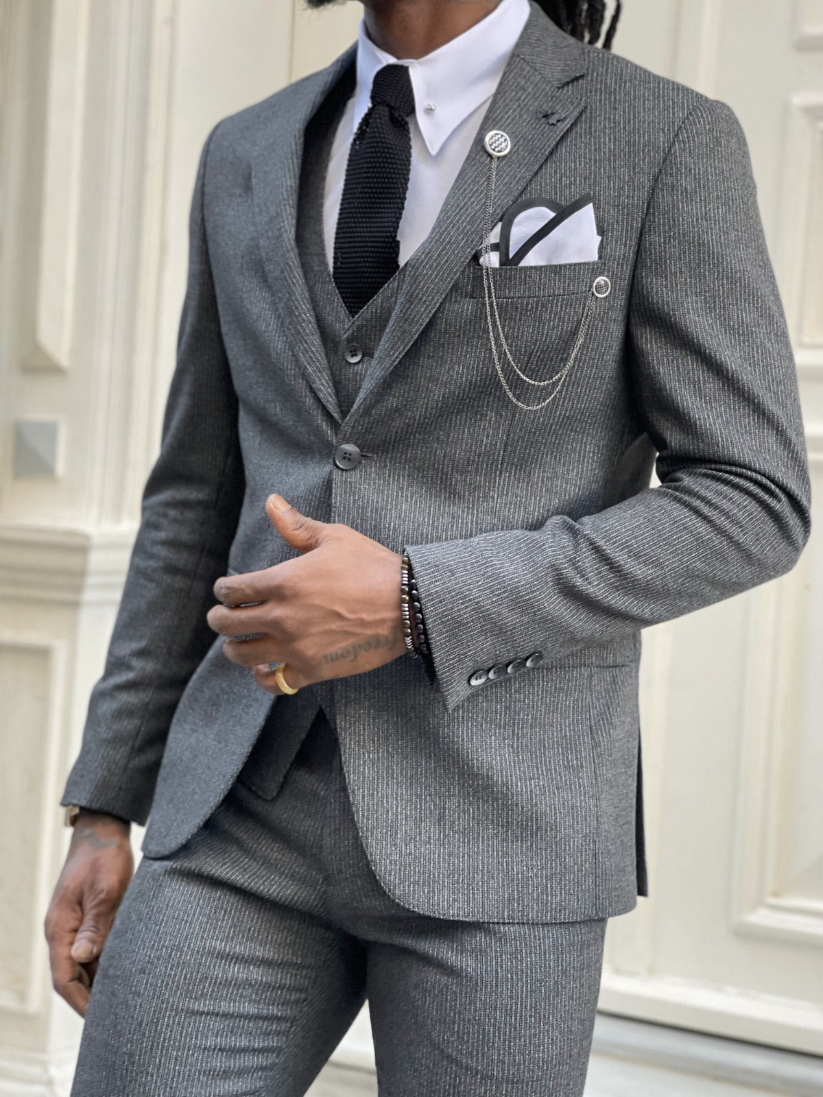 Buy Self-Printed Grey Tuxedo Suit | Manav Ethnic