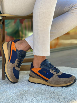 BEIGE & NAVYBLUE EVA SOLE LACE-UP LEATHER SUEDE SNEAKERS