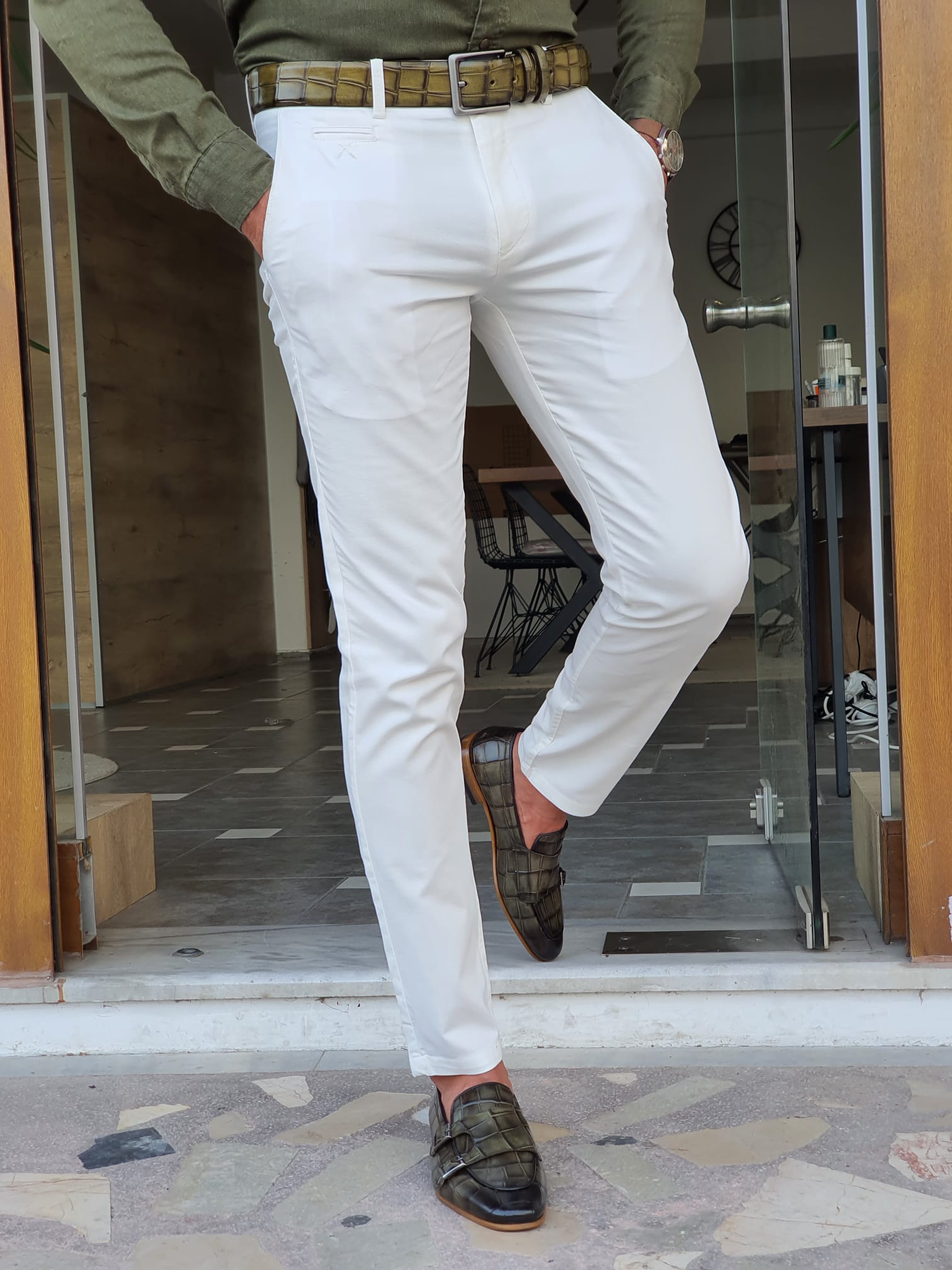 WHITE SLIM-FIT SPECIAL EDITION SIDE POCKET COTTON PANTS