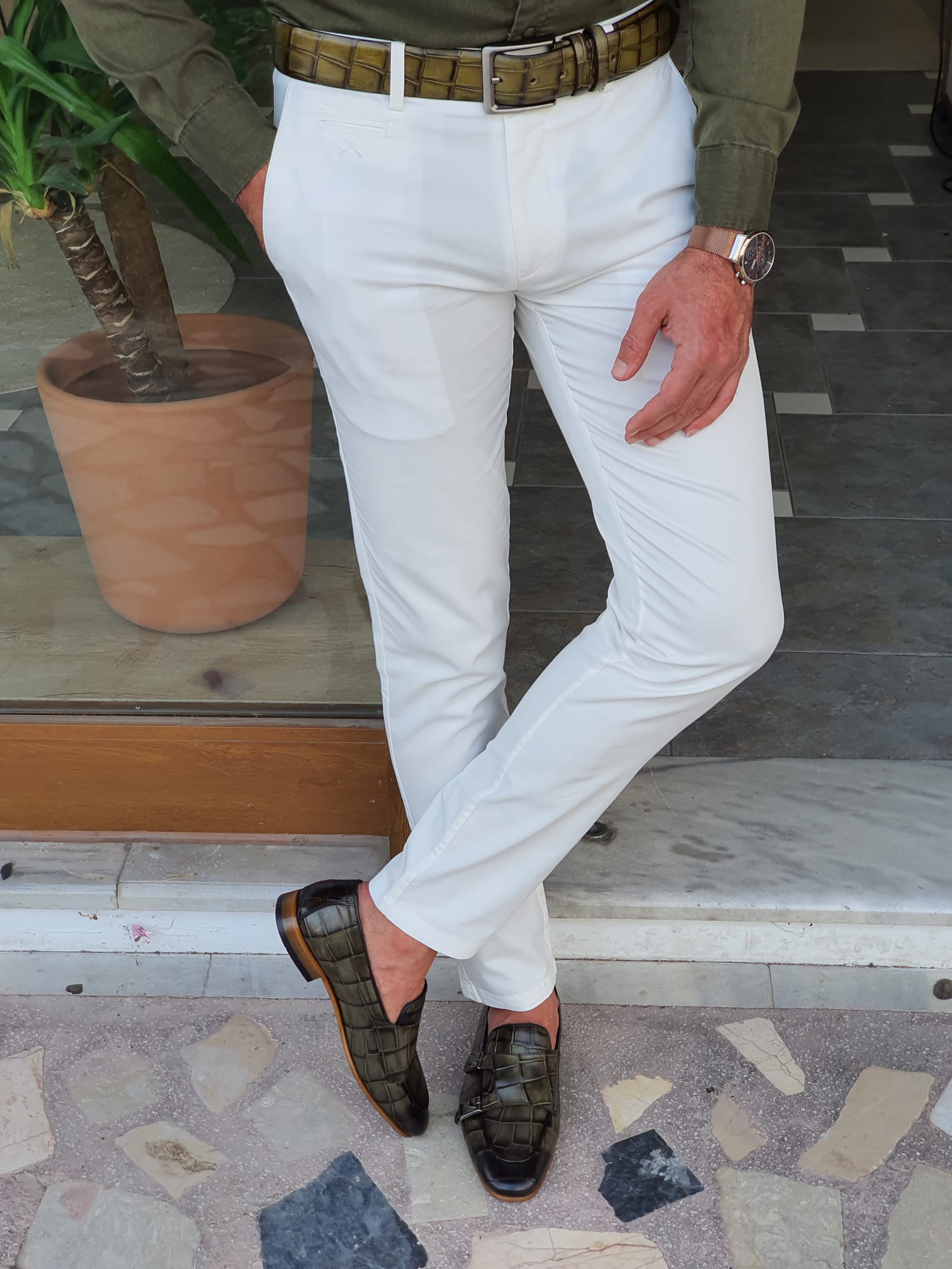 WHITE SLIM-FIT SPECIAL EDITION SIDE POCKET COTTON PANTS